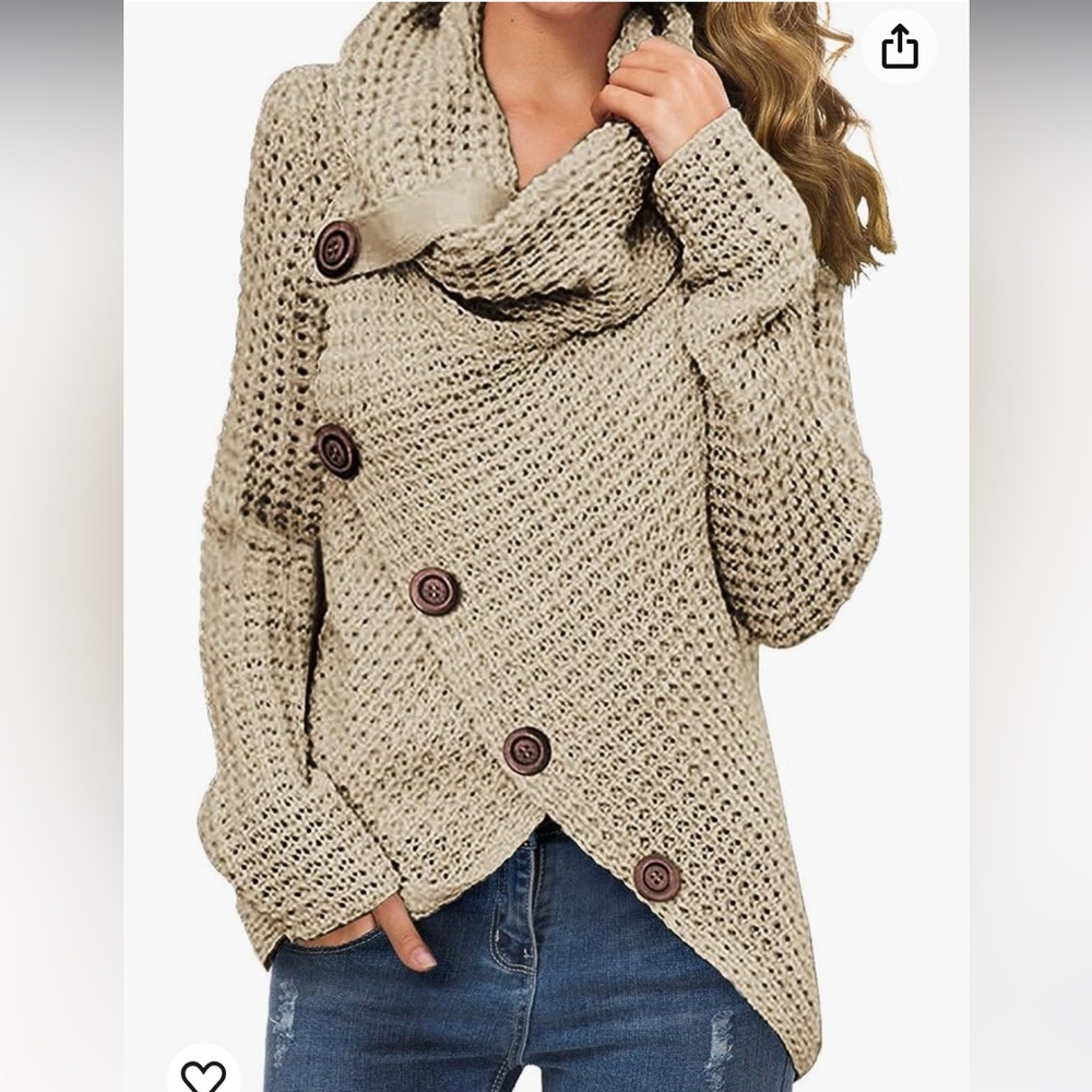 Grecerelle Women's Khaki Tan Chunky Knit Sweater Fall 2024 Asymmetric | Medium